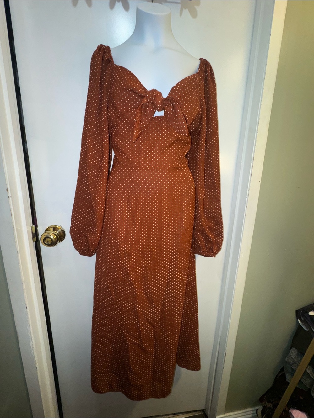 SHEIN Rust Polka Dot Long Sleeve Midi Dress with Front Tie